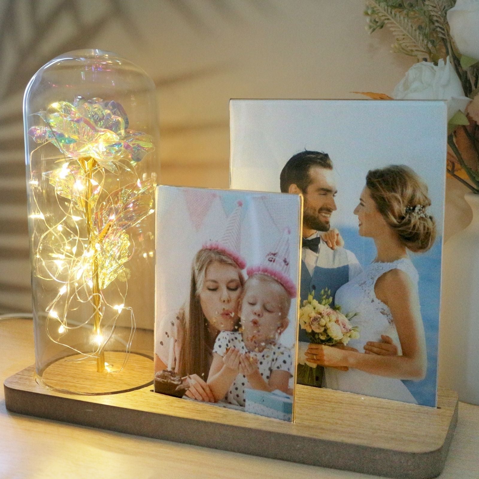 Romantic Galaxy Light Up Rose in Glass Dome with photo frame ornaments, beauty and the beast rose, eternal Rose Flower Gifts for Valentine's Day, Mother's Day, Birthday - uniqicon